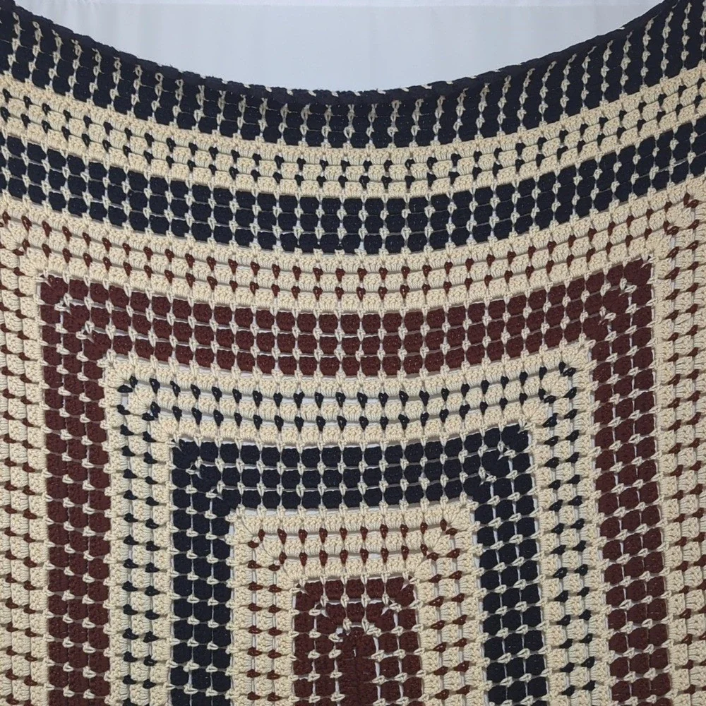 Vintage Handmade Crochet Afghan Granny Square‎ Blanket in Black Cream Brown Cozy